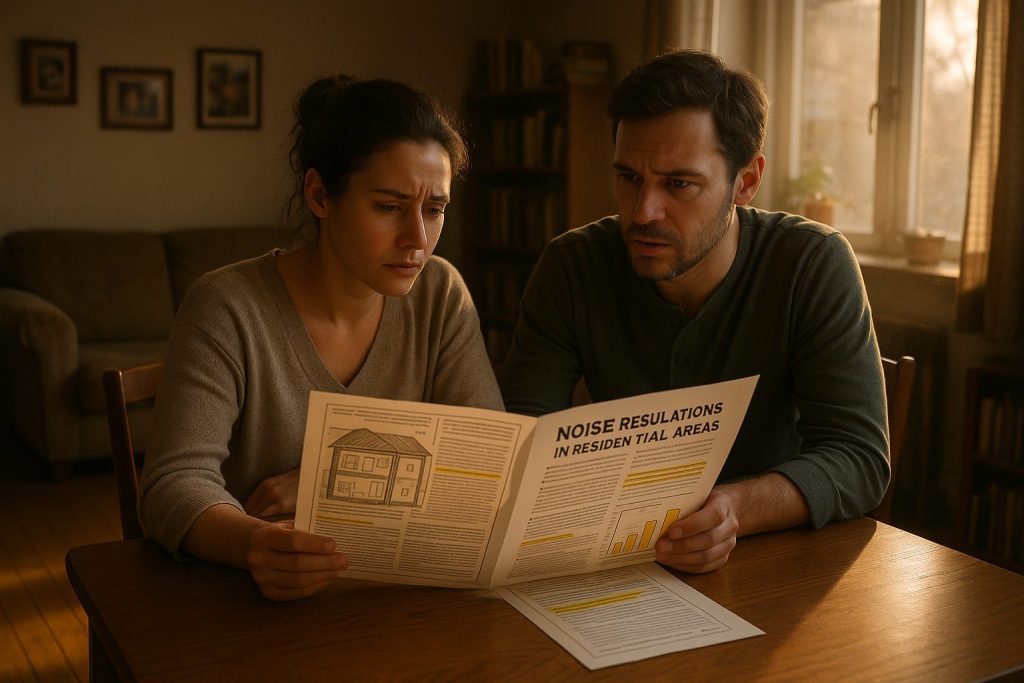 Couple at dining table discussing noise regulations pamphlet, bathed in warm sunlight. Pamphlet shows soundproofing diagrams. Room features residential décor like a worn couch and family photos. Scene captured with high detail using Canon EOS 5D Mark IV.