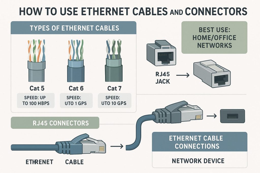 Infographic of Ethernet cables and connectors, illustrating types like Cat5, Cat6, Cat7, and connectors like RJ45, labelled with details on features, speeds, and uses. Sections are color-coded, with arrows and text boxes for educational clarity.