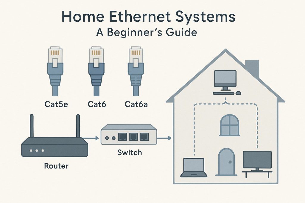 Infographic illustrating home Ethernet basics with diagrams of cables, router connections, network layout, labelled components such as routers, switchboxes, and cable types. Includes a titled header 'Home Ethernet Systems: A Beginner's Guide', with soft blues, greys, white in vector style.