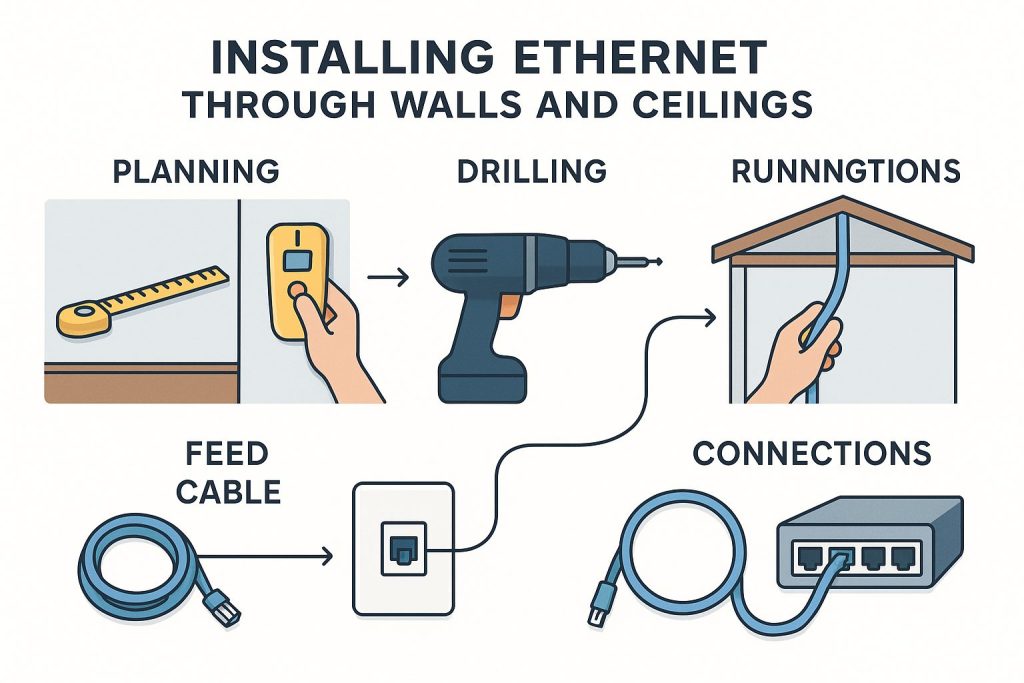 Infographic showing steps to install Ethernet through walls and ceilings, including planning, drilling, running cable, and connections. Features icons and illustrations for measuring distances, using a stud finder, and feeding cables. Clear layout with arrows and bold sans-serif titles for easy DIY understanding.