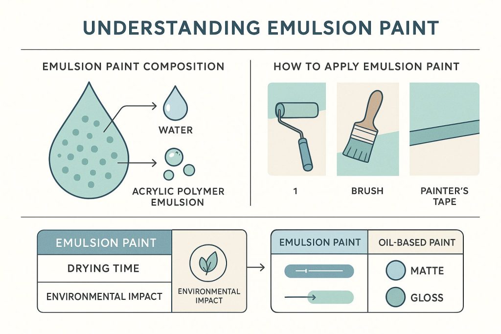 Educational infographic on understanding emulsion paint. Features labeled emulsion paint composition, application guide with tools, and comparison with oil-based paints in drying time, impact, and durability. Uses pastel colour palette for clarity. Sans-serif fonts for readability. Includes vector illustrations and diagrams.