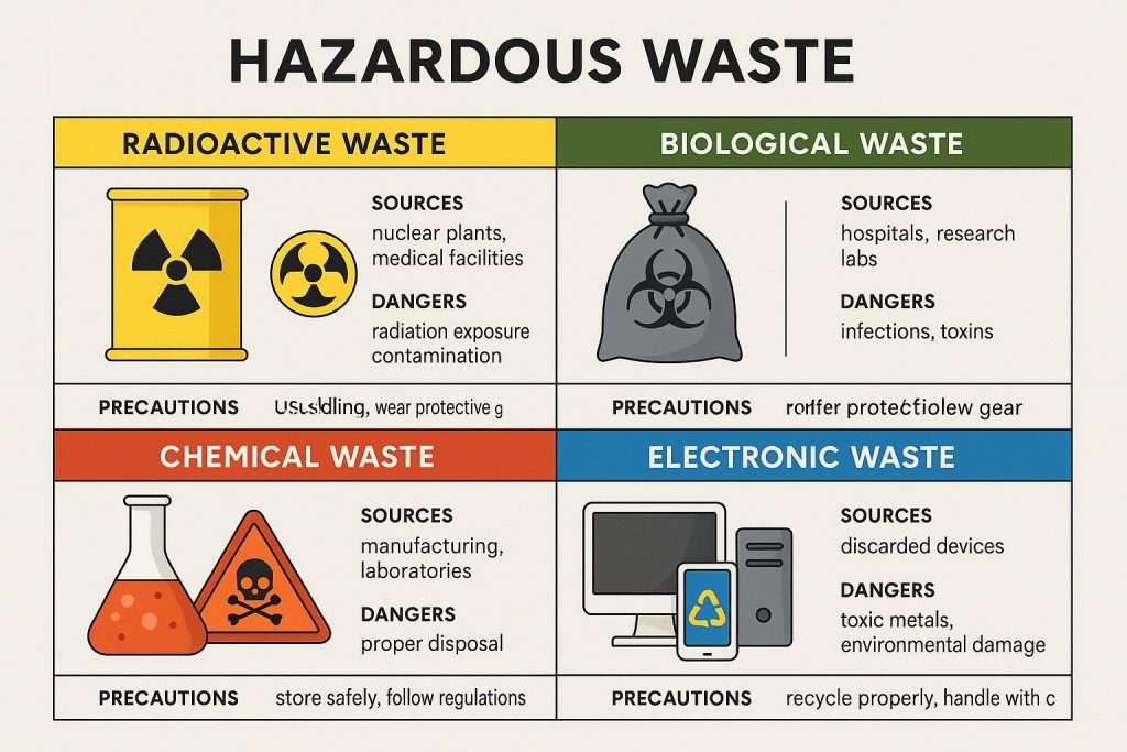 Educational poster showing hazardous waste types: chemical, biological, radioactive, electronic. Features vector illustrations with distinct colors: yellow for radioactive, green for biological, red for chemical, blue for electronic. Includes icons, symbols, and information on sources, dangers, and precautions.
