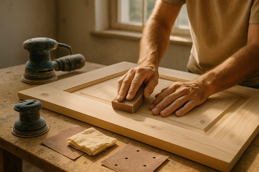Artisan sanding wooden door panel with sandpaper block, preparing for emulsion paint. Workbench shows tools like an orbital sander, tack cloth, and sandpaper. Sunlit scene captures wood grain and sawdust in warm light, highlighting craftsman's skilful hands.