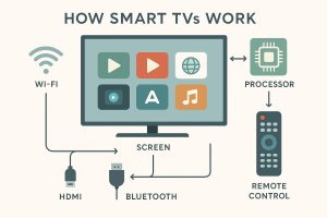Educational poster explaining Smart TV basics with vector illustrations of components like screen, processor, remote, and connectivity options such as Wi-Fi, HDMI, and Bluetooth; includes app icons and text labels to aid understanding.