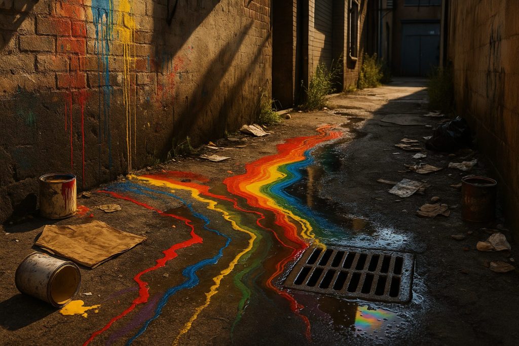 A neglected urban alley shows improper paint disposal's environmental impact. Vivid paint spills flow into a storm drain, staining walls and litter. Sunlight creates rainbow reflections in puddles, highlighting textures and neglected surfaces. Industrial elements and weeds underscore environmental neglect.