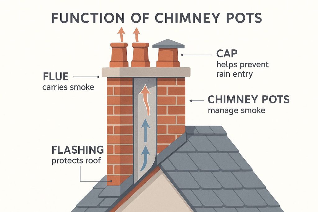Educational poster illustrating chimney pots function, featuring a detailed cross-section of a chimney. Includes flue, flashing, cap, and airflow arrows. Soft gray, red, and blue colours with labels explaining smoke management and roof protection roles. Designed for construction education.