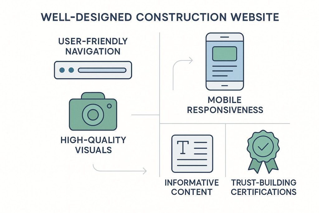 Infographic depicting key elements of well-designed construction website: user-friendly navigation, mobile responsiveness, high-quality visuals, informative content, and trust-building certifications. Features simple vector icons and a harmonious colour palette of blues, greens, and greys on white background.