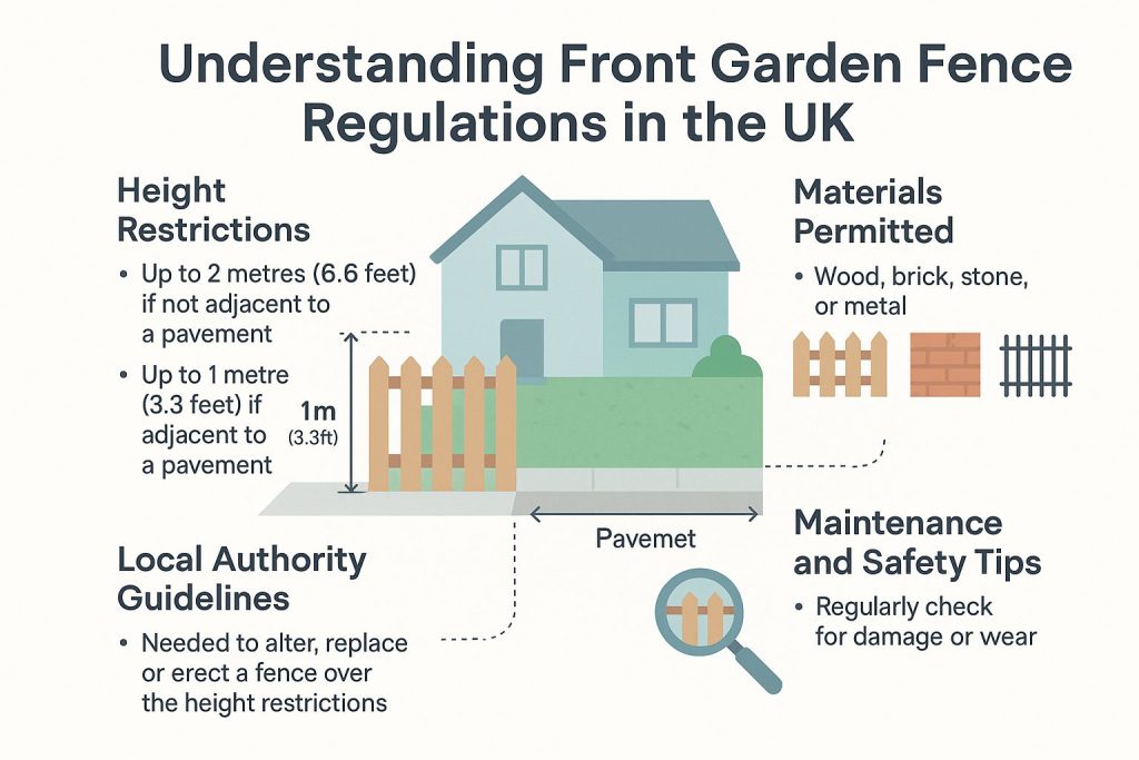 Infographic detailing UK front garden fence regulations, including height restrictions, materials permitted, local authority guidelines, and maintenance tips. Features clear illustrations of fences, houses, and garden layouts with soft pastel colours on a white background.