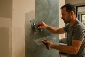 Artisan skillfully applying Venetian plaster with trowels on a wall in a modern living room. The wall transitions from drywall to a glossy surface, showcasing marble-like veining. Natural light enhances texture while highlighting the polished finish and the artisan's craftsmanship.