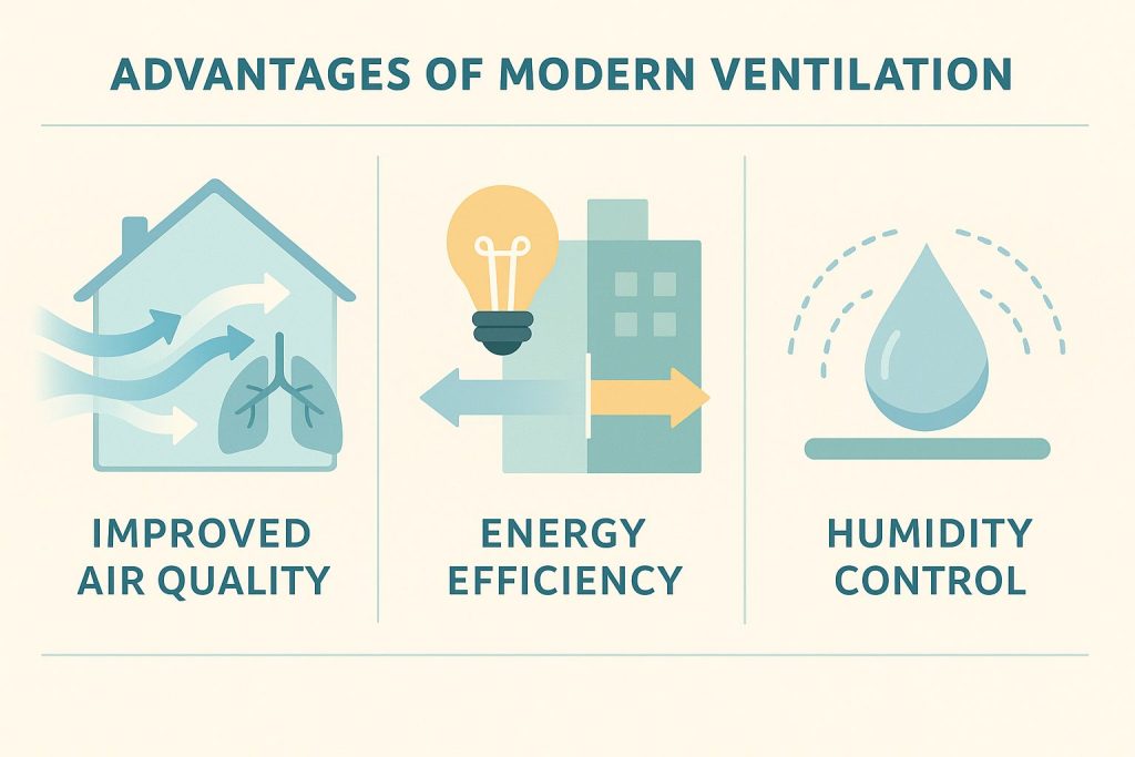 Infographic illustrating advantages of ventilation solutions: improved air quality with purified airflow, energy efficiency with icons like LED lights and insulated walls, and humidity control using stylized droplets and airflow paths, all in soft pastel colours for educational clarity.