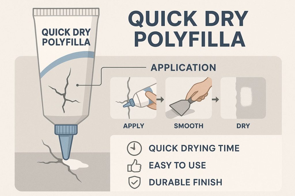 Educational infographic detailing the features, application, and benefits of Quick Dry Polyfilla with vector illustrations and annotated steps for home repair.