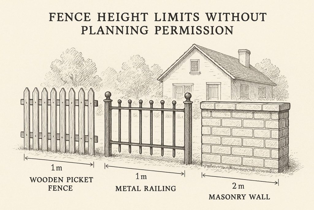 Ink sketch illustrating urban fence height limits without planning permission, featuring a wooden picket fence, metal railing, and masonry wall in a suburban setting. Detailed annotations and shading highlight material textures and height constraints, with a subtle home backdrop.