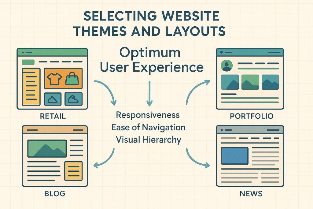 Illustration of guidelines for selecting website themes, featuring diverse industry themes like retail and blogs, emphasizing responsiveness, navigation, and visual hierarchy. Central 'Optimum User Experience' concept highlighted, with vibrant colours and modern sans-serif fonts on a structured grid background.