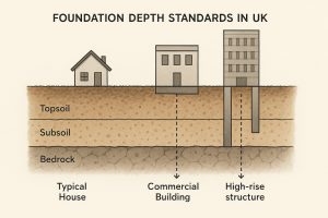 Diagram illustrating UK foundation depth standards in soil layers. Shows foundation depths for a house, commercial building, and high-rise, with clear labels, arrows, and dotted lines. Text describes soil composition, foundation types, and technical terms for educational purposes.
