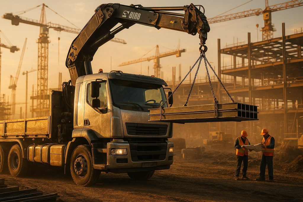 HIAB crane lorry hoisting steel beams at a bustling construction site during golden hour, with workers examining blueprints, adding realism and depth to the cinematic scene