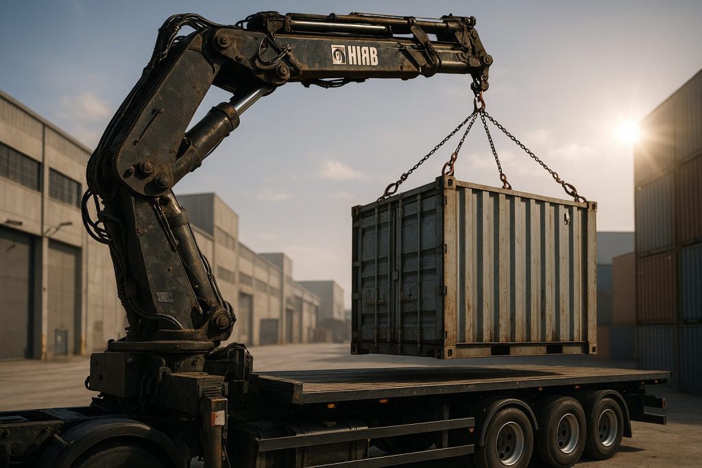 A Hiab crane in action, maneuvering a steel container onto a flatbed truck in an industrial setting. Captured with a Nikon D850 under late afternoon sun, highlighting the crane's mechanical details against warehouse backdrop.