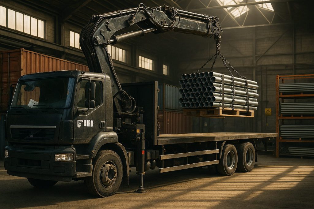 HIAB truck loading metal pipes onto a flatbed trailer in an industrial warehouse, showcasing precision machinery. Late afternoon light filters through windows, enhancing realism with shadows and highlights. The scene includes shipping containers and caution signs for industrial context.
