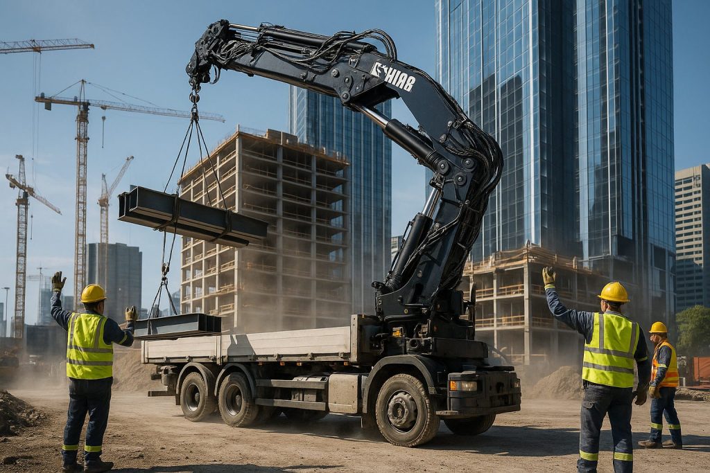 HIAB crane on a construction site, lifting steel beams for a skyscraper with precision. Workers guide operations, showcasing crane's detailed articulation, hydraulic systems, and urban skyline in the background. Photographed in high resolution, highlighting dynamic crane capabilities and bustling environment.