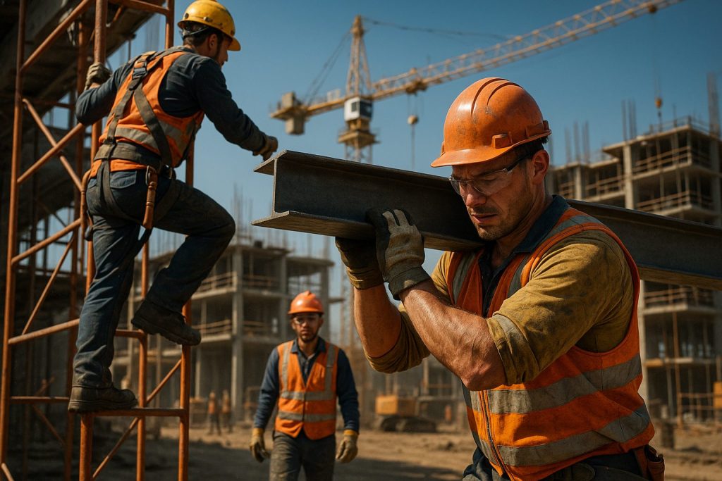 Construction workers in hard hats, reflective vests, safety goggles, gloves, and steel-toed boots. One lifts a steel beam, another climbs scaffolding with a safety harness. Cranes and structures are in the background under a clear blue sky.