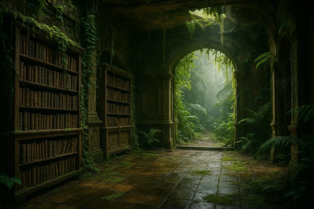 A cinematic scene of an ancient abandoned library in a rainforest, with emerald vines, sagging bookshelves, mouldy books, mossy floor tiles, and sunlight filtering through broken windows, showcasing nature's reclamation of space.