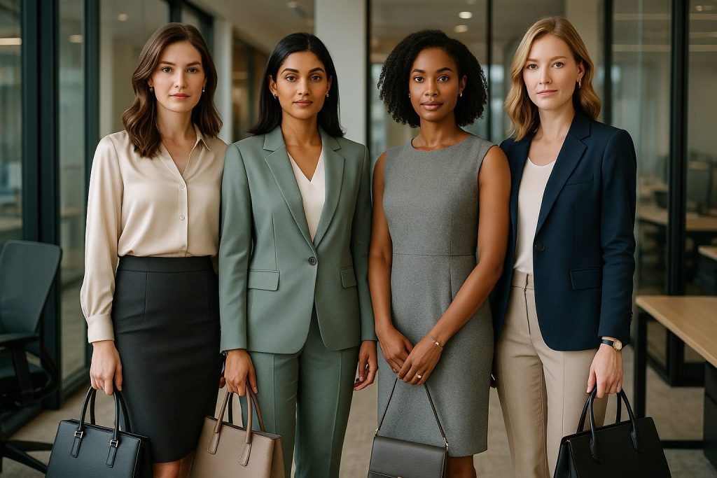 Diverse group of professional women in elegant, contemporary workwear, including tailored skirts, chic pantsuits, and shift dresses in a modern office with glass walls and natural light, emphasizing professionalism and style.