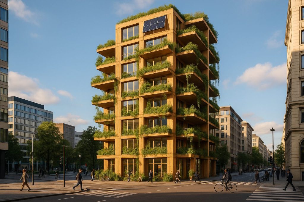 Eco-friendly wooden skyscraper with CLT and vertical gardens in a vibrant urban setting, integrating solar panels. Warm afternoon light accentuates wood textures. Pedestrian-friendly street view with detailed reflections illustrating harmony between nature and modern architecture.