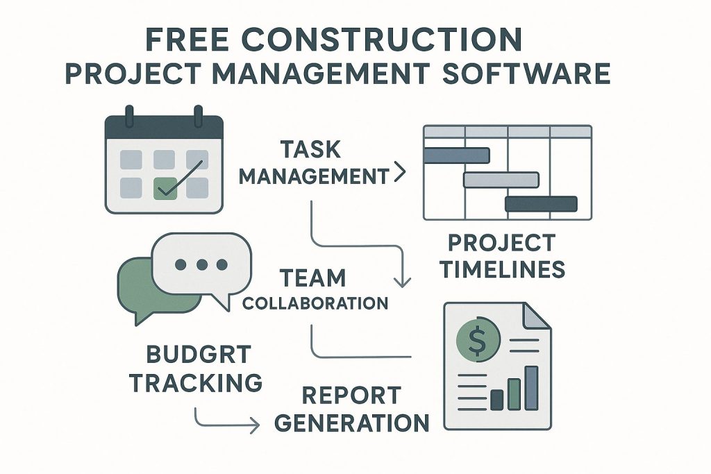 Educational infographic illustrating key features of free construction project management software, including icons for task management, timelines, collaboration, budget tracking, and reports with a clean layout and modern design.