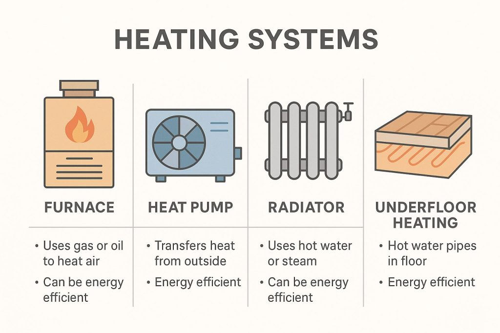 Infographic of four home heating systems in flat vector style: furnaces, heat pumps, radiators, underfloor heating, color-coded with concise efficiency labels on a clear layout.