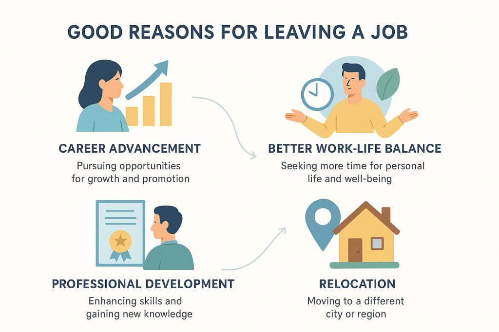Educational infographic explaining good reasons for leaving a job: career advancement, work-life balance, relocation, and professional development. Features vector illustrations with soft colors on a clean white background, connected by arrow paths, highlighting key points with annotations.