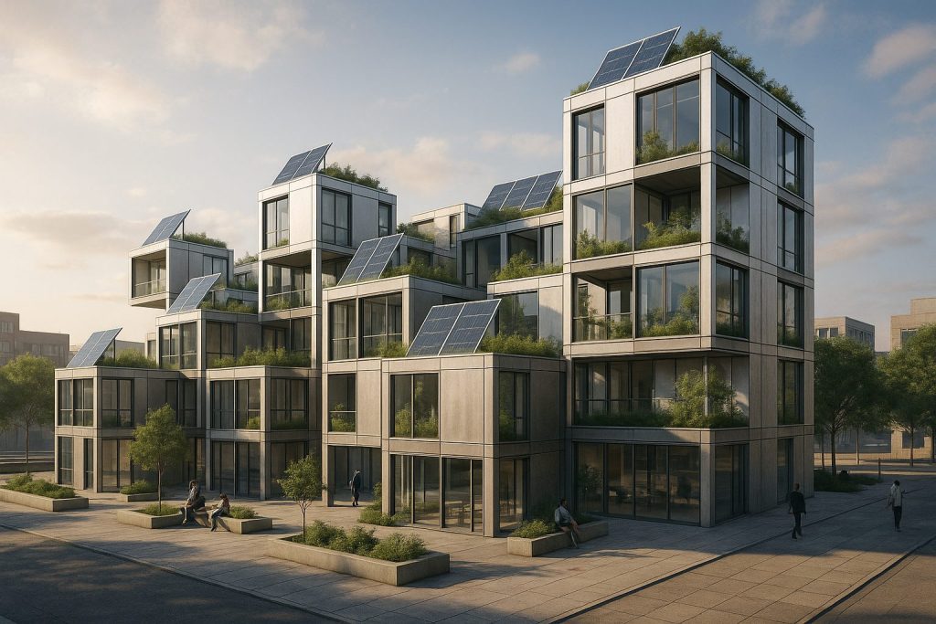 Architectural rendering of scalable modular construction for urban growth, featuring eco-friendly unit modules with solar panels, smart glass, and green rooftops. Design emphasizes community spaces and sustainability with biophilic elements, using brushed aluminum facades and advanced HVAC systems under afternoon sun's shadows.