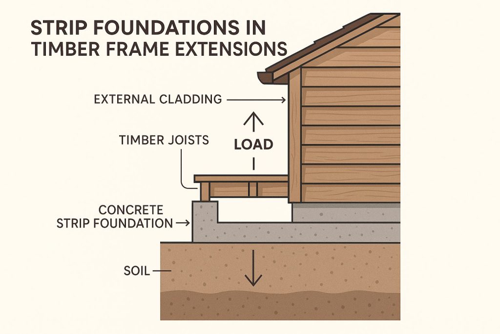 Infographic of a timber frame extension with strip foundation. Features include concrete strip foundation, soil layers, timber joists, and cladding. Earth tones and clear labels highlight load distribution and structural features. Visual aids convey depth and texture, aiding architectural understanding.
