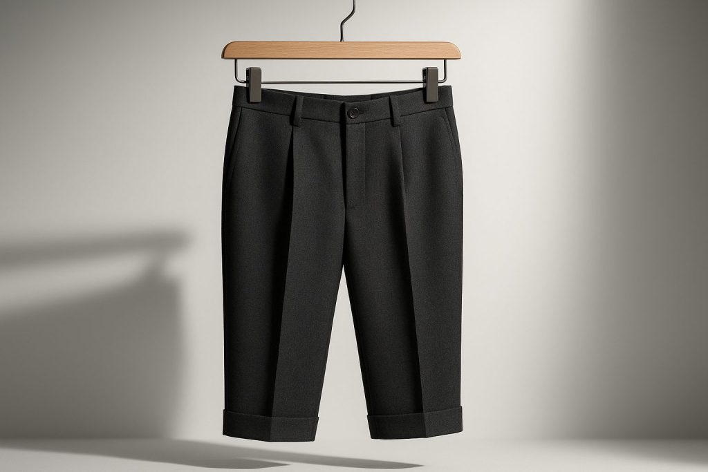 Studio image of tailored trousers for professional wear, highlighting precise stitching, rich charcoal color, and high-quality wool texture on a wooden hanger with soft studio lighting. The shallow depth of field adds focus to the craftsmanship details.