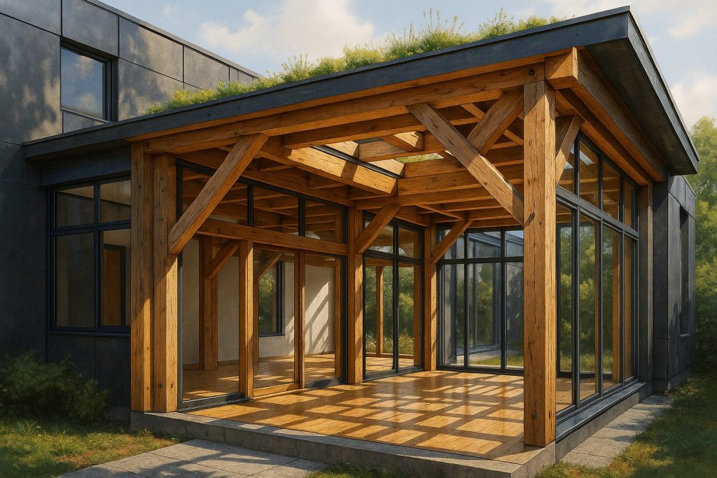 Architectural rendering of a timber frame extension with green roof, exposed wooden beams, large windows, and steel-glass exterior on a modern home. Sunlit, polished wooden floors beneath intricate light patterns show harmonious nature and modern architecture blend.