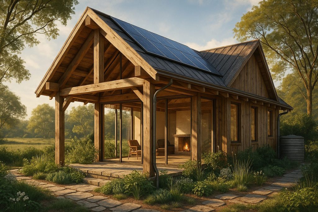 Architectural rendering of a timber frame home with exposed beams, solar panels, and large windows in a rural setting. Afternoon sunlight filters through trees onto the structure, surrounded by a garden with rainwater systems and native plants, highlighting sustainable design.