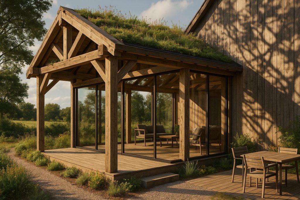 Architectural rendering of a timber frame house extension with rustic and modern design, featuring exposed wooden beams, large glass panels, green-roof system, gravel pathway, and wooden deck with seating amidst a natural landscape.