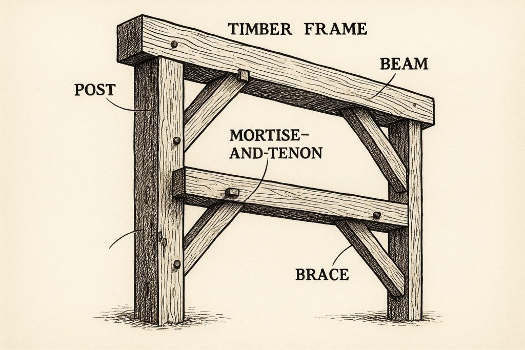 Ink sketch of a timber frame structure with detailed wood grain patterns, knots, and labeled components like posts, beams, and mortise-and-tenon joints, on a parchment background evoking historical blueprints, emphasizing traditional craftsmanship in construction.