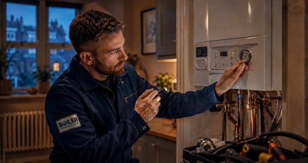 Engineer checking a domestic boiler after common boiler fault warning signs.