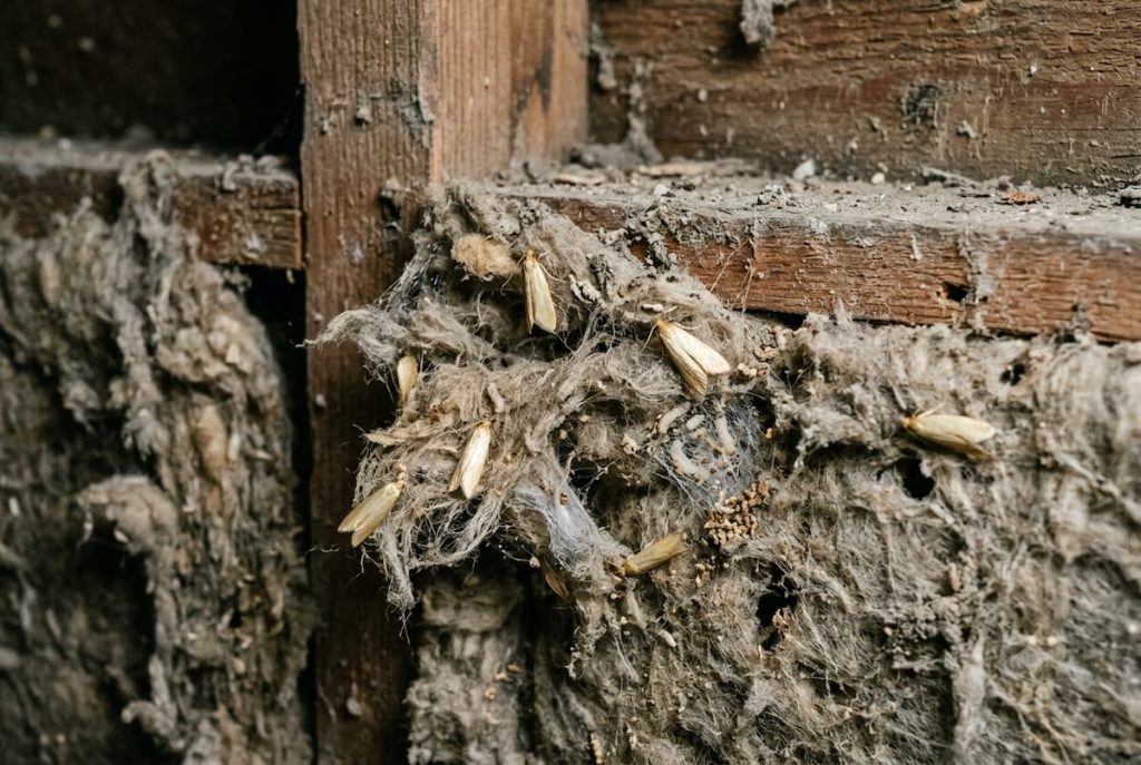 Close-up of moth larvae and cocoons attached to dirty insulation material on a wooden frame, showing signs of pest infestation—a common concern for renovators when safeguarding the building fabric from damage caused by moths.