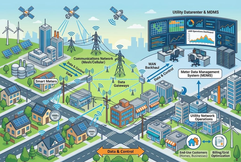 Illustration of a smart city featuring smart meters, solar panels, data gateways, utility infrastructure and operations, satellites, and network communications for energy management and monitoring within advanced smart grids.
