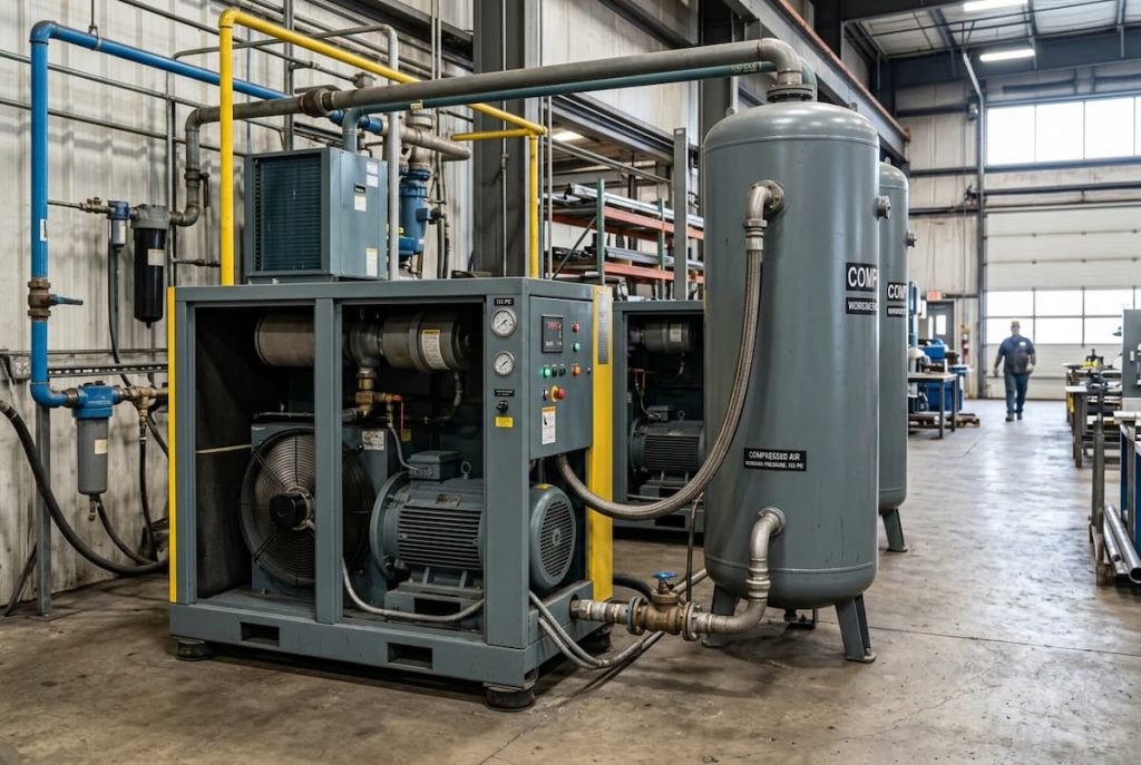 Industrial air compressor system with connected pipes and control panel in a large factory setting. Shelves and a worker are visible in the background, highlighting the importance of air compressor compliance for safety and efficiency on construction sites using industrial air compressors.