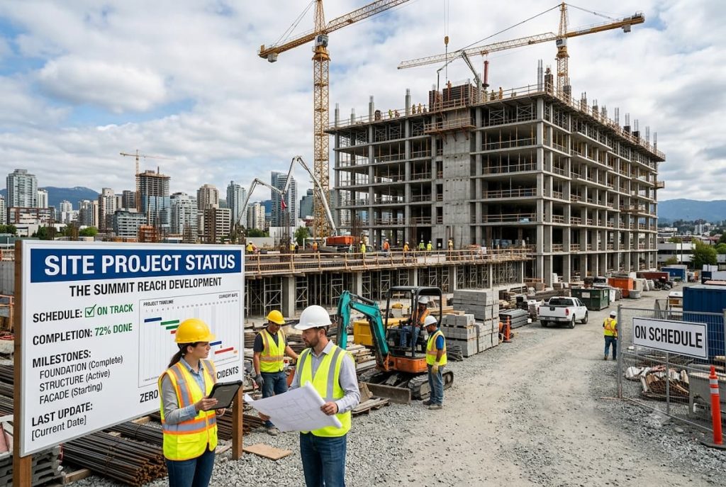 Construction site with cranes, workers in safety gear reviewing plans, and a project status sign indicating the building is 72% complete and on schedule; advanced asset tracking systems help streamline construction projects, all with a city skyline in the background.