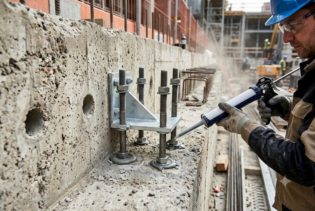 A construction worker in safety gear applies sealant to metal anchor bolts installed in a concrete wall at a building site, demonstrating how to use chemical fixings for secure and durable fastening.