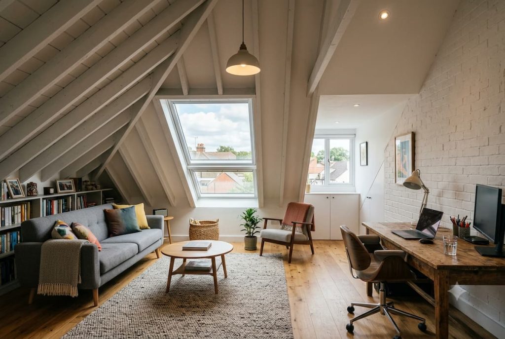 Attic room with sloped ceiling, skylight, sofa, armchairs, bookcase, rug, coffee table, and a desk with computer near a window. This inviting loft conversion features wooden floors and exposed beams—perfect for planning projects or simply keeping it cool in a modern retreat.