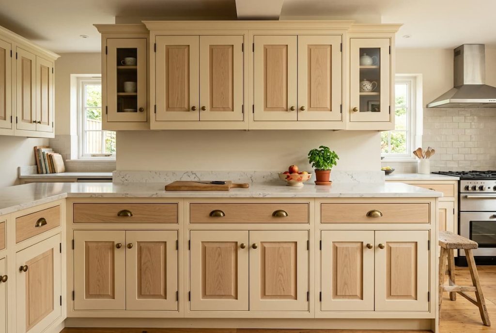 Spacious kitchen with light wood cupboards, marble worktops, a central island, and stainless steel appliances from the best kitchen doors suppliers. Natural light enters through two windows.