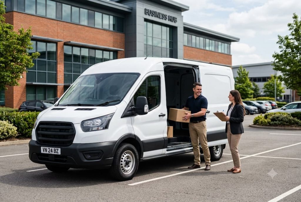 Two people unload cardboard boxes from a white delivery van parked in front of a modern office building labelled "Business Hub" on a clear day, showcasing how businesses often hire a van or use van hire services for smooth and efficient deliveries.
