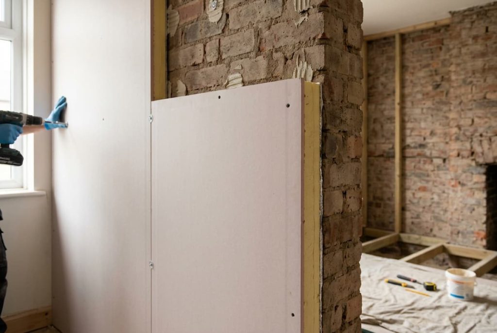Person in gloves installs insulated plasterboard on a brick wall in a room undergoing renovation, improving wall insulation. Tools and materials are visible on the unfinished floor nearby.