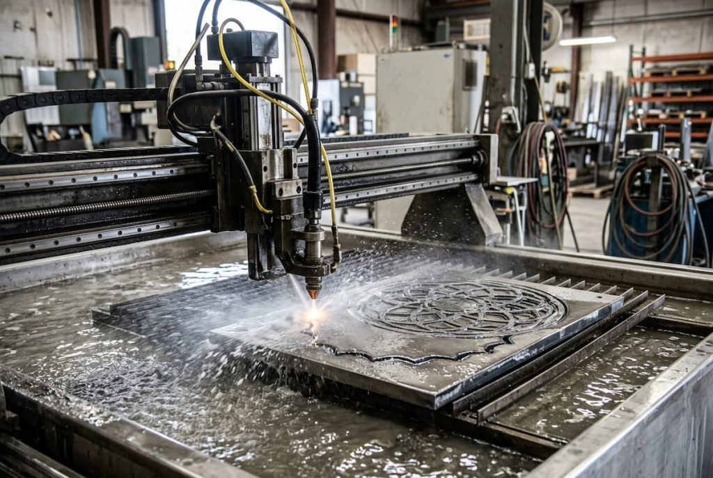 A CNC plasma cutting machine slices a precision-cut patterned metal sheet in an industrial workshop, with sparks and water spray visible during the process.
