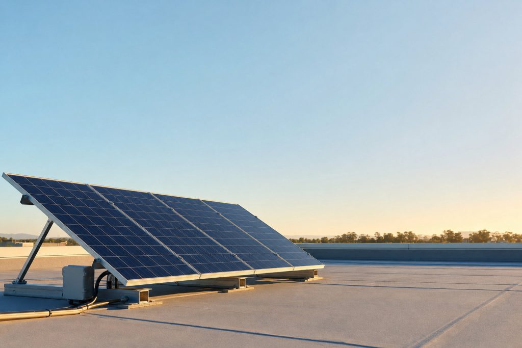 A single commercial solar panel is mounted on a flat rooftop under a clear sky during sunset or sunrise, serving as a guide for business owners interested in sustainable energy solutions.