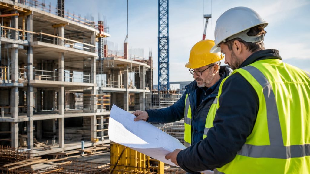 Two construction workers in safety vests and helmets review blueprints at an active building site with scaffolding and a crane in the background, demonstrating effective progress tracking for their 2026 project.
