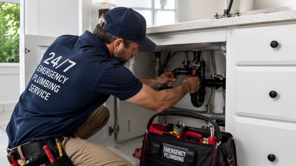 A UK plumber in a navy uniform repairs pipes under a kitchen sink. A tool bag labelled "Emergency Plumbing" sits on the floor beside him, ready for any urgent call-out with prompt arrival time.